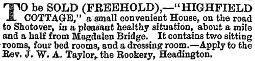 Advertisement for Highfield Cottage