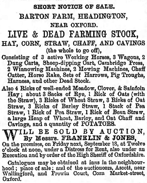 Sale of stock of Barton Farm 12 September 1885
