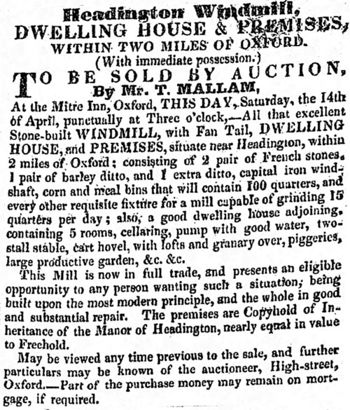 Windmill advertised for sale 14 April 1832